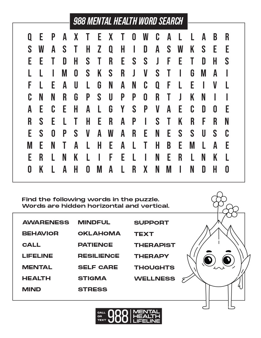 Word Search Activity Sheet Oklahoma S Mental Health Lifeline