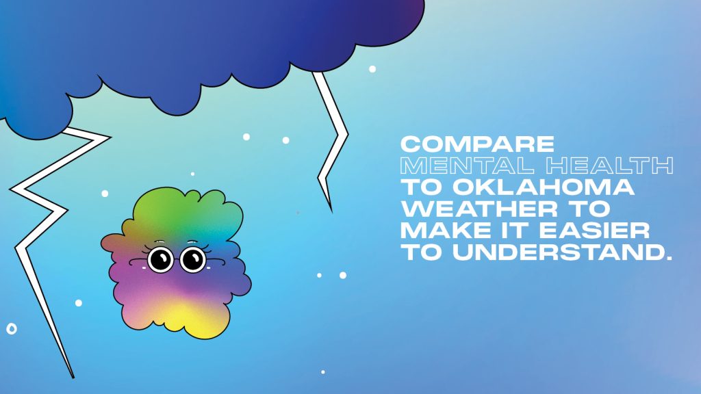 988 Call Center Critter, Lucille, encourages us to compare our mental health to Oklahoma weather to make it easier to understand.